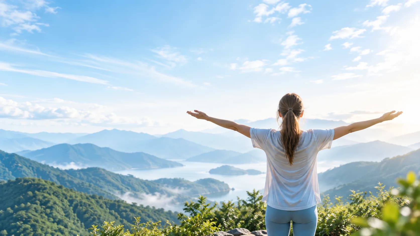Woman with open arms looking at a mountain landscape