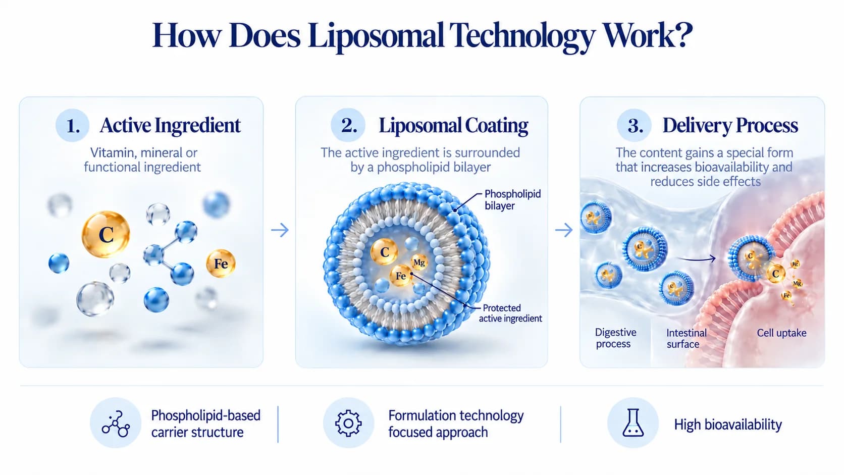 How liposomal technology works: active ingredient, liposomal encapsulation and delivery process